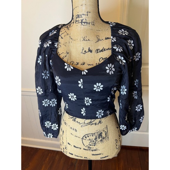 Buru Teagan crop Top Black White Puff Sleeve Sweetheart Neck Smocked size S - Picture 5 of 12